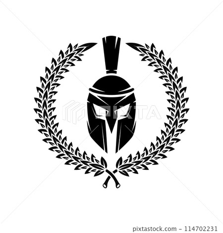 Spartan helmet with laurel wreath. Design element for logo, emblem, sign, poster, t shirt. Vector illustration Spartan helmet with laurel wreath. Design element for logo, emblem, sign, poster, t shirt. Vector illustration 114702231