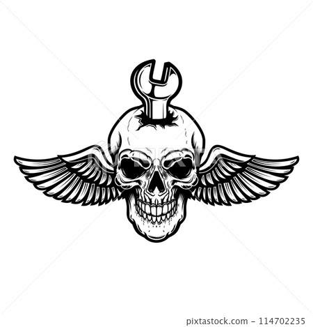 Winged skull with wrench. Design element for logo, label, sign. Vector illustration Winged skull with wrench. Design element for logo, label, sign. Vector illustration 114702235