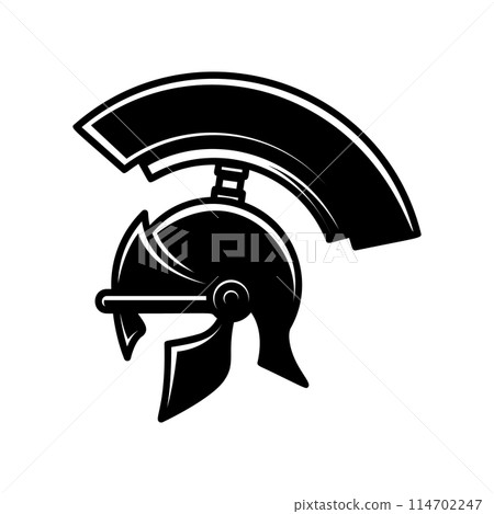 Spartan helmet in monochrome style. Design element for poster, emblem, sign, logo, label. Vector illustration 114702247