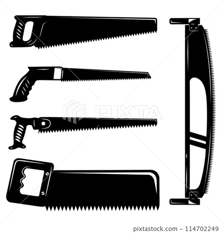 Set of carpentry saws in vintage monochrome style. Design element for poster, card, banner, logo. Vector illustration Set of carpentry saws in vintage monochrome style. Design element for poster, card, banner, logo. Vector illustration 114702249