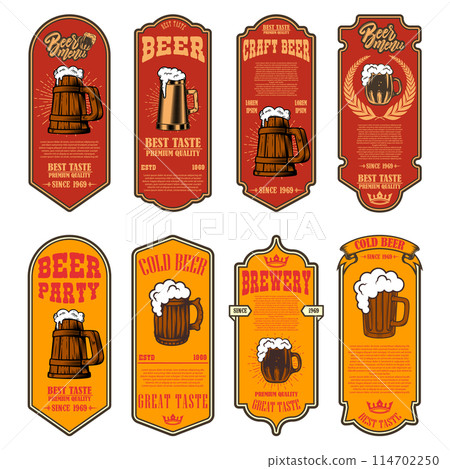 Set of beer labels with illustrations of beer mugs. Vector illustration Set of beer labels with illustrations of beer mugs. Vector illustration 114702250