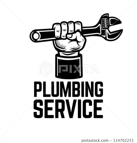 Plumbing service. Hand with plumbing wrench. Design element for logo, label, sign. Vector illustration Plumbing service. Hand with plumbing wrench. Design element for logo, label, sign. Vector illustration 114702251
