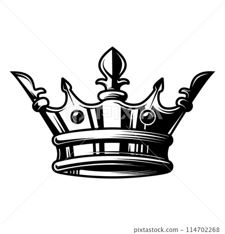 Illustration of king crown in monochrome style. Design element for logo, emblem, sign, poster, t shirt. Vector illustration 114702268