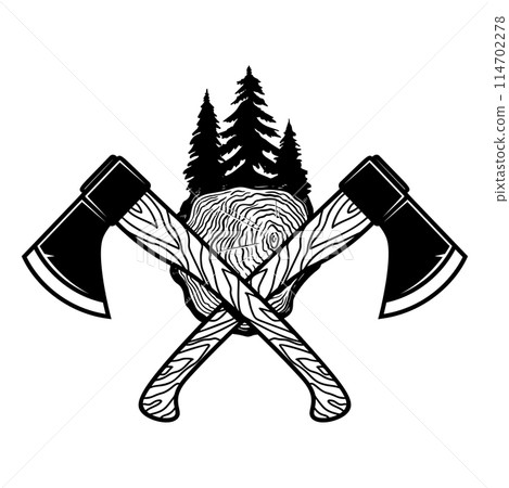 Crossed lumberjack axes with wood cut. Design element for logo, emblem, sign, poster, t shirt. Vector illustration Crossed lumberjack axes with wood cut. Design element for logo, emblem, sign, poster, t shirt. Vector illustration 114702278