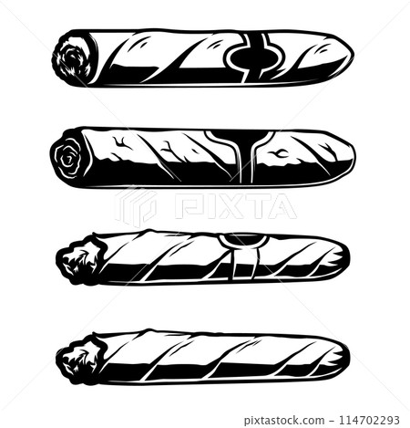 Illustration of cuban cigar in monochrome style. Design element for logo, emblem, sign, poster, t shirt. Vector illustration Illustration of cuban cigar in monochrome style. Design element for logo, emblem, sign, poster, t shirt. Vector illustration 114702293