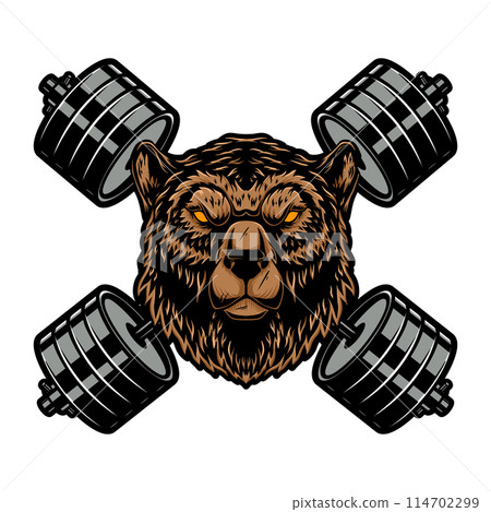 Grizzly bear with crossed barbells. Design element for logo, emblem, sign, poster, t shirt. Vector illustration 114702299