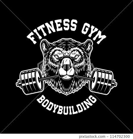 Grizzly bear with gym barbell in mouth. Design element for logo, emblem, sign, poster, t shirt. Vector illustration 114702300