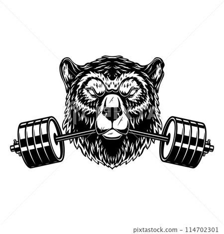 Grizzly bear with gym barbell in mouth. Design element for logo, emblem, sign, poster, t shirt. Vector illustration 114702301