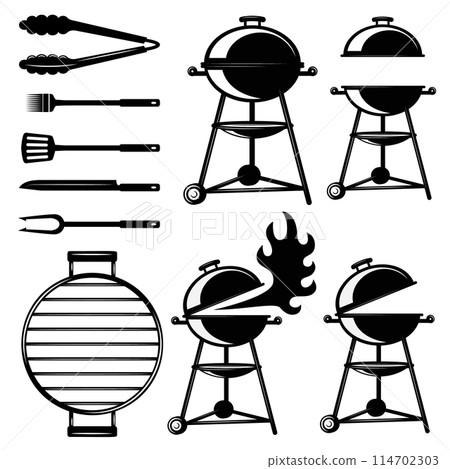 Set of BBQ grill icons and design elements in vintage monochrome style. Design element for poster, card, banner, logo. Vector illustration 114702303