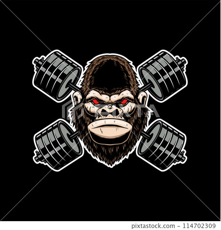 Gorilla with crossed gym barbells. Design element for logo, emblem, sign, poster, t shirt. Vector illustration 114702309