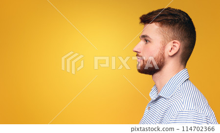 A man with a beard wearing a striped shirt. 114702366