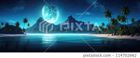 Small tropical island with palm trees, calm ocean water, dark moonlit starry night sky 114702662