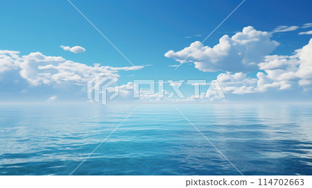Vast ocean under vibrant blue sky with fluffy clouds, natural background, copy space 114702663