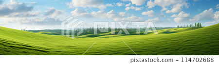Natural background scene of green hills, blue sky, fluffy clouds, copy space Natural background scene of green hills, blue sky, fluffy clouds, copy space 114702688