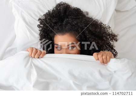 A woman is peeking out from under a blanket, her eyes wide with curiosity. The cozy fabric partially covers her face as she takes a discreet look around. A woman is peeking out from under a blanket, her eyes wide with curiosity. The cozy fabric partially covers her face as she takes a discreet look around. 114702711