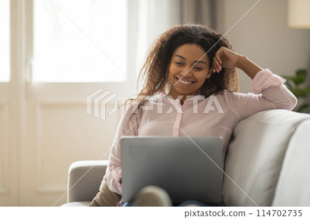 Cheerful young African American woman using a laptop on a comfortable sofa, embodying flexible work life at home 114702735
