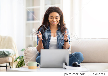 African American woman is seated on a couch, engaged in using a laptop, focused on the screen, have video call, working from home African American woman is seated on a couch, engaged in using a laptop, focused on the screen, have video call, working from home 114702741