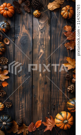 Wooden Table Covered With Pumpkins 114702765