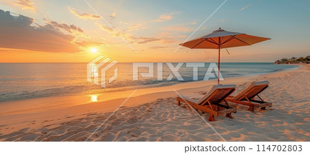 Lawn Chairs on Sandy Beach 114702803