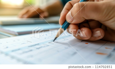 Person Writing on Paper With Pencil 114702851