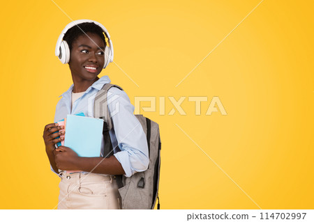Deep in thought, this African American woman student represents the reflective attitude of Gen Z while holding her notebooks Isolated against a yellow background, copy space 114702997