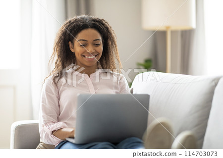 A young black lady beams at her laptop screen, hinting at a pleasant chat or exciting content in a home setting A young black lady beams at her laptop screen, hinting at a pleasant chat or exciting content in a home setting 114703073