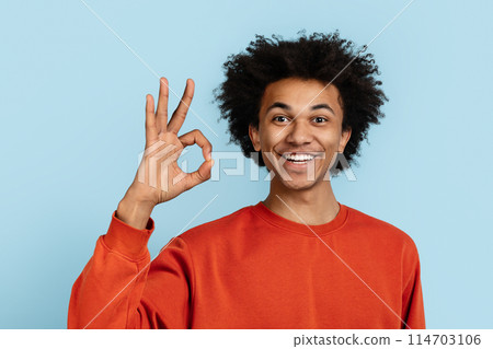 Confident african american showing the OK hand gesture, signaling approval or satisfaction, isolated on a blue background, reflecting positivity and agreement 114703106