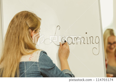 Student girl writting Learning word on whiteboard Student girl writting Learning word on whiteboard 114703174