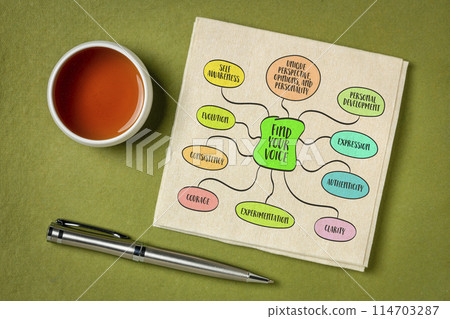 find your voice, a metaphorical expression that refers to discovering and expressing one's unique perspective, opinions, and personality, mind map sketch on a napkin 114703287