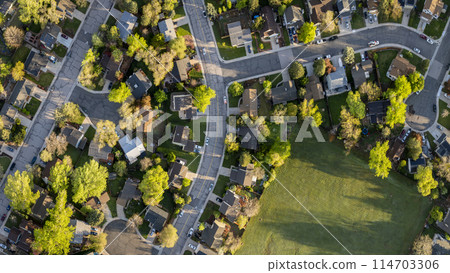 spring sunrise over residential area of Fort Collins in Colorado, aerial panorama spring sunrise over residential area of Fort Collins in Colorado, aerial panorama 114703306