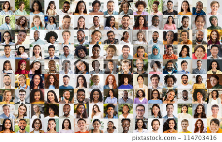 Portrait collage of people showcasing diverse ethnic backgrounds, ages, and expressions, representing the richness of diversity in our communities 114703416
