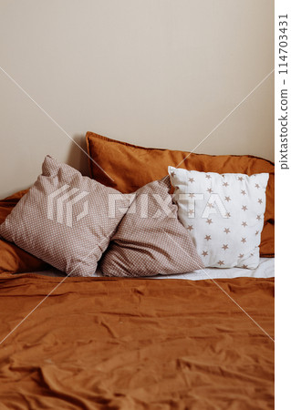 A bed with two pillows, one of which has a star pattern 114703431