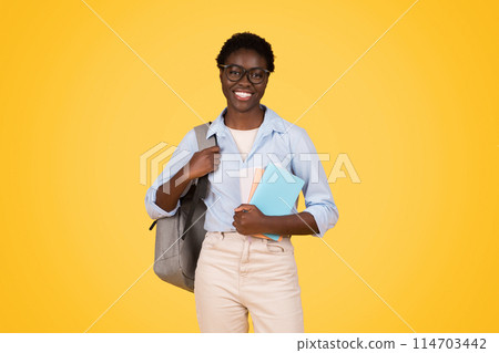 African American woman college student carries backpack and textbooks, embodying the spirit of young, educated zoomers Isolated on a vibrant yellow background African American woman college student carries backpack and textbooks, embodying the spirit of young, educated zoomers Isolated on a vibrant yellow background 114703442