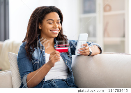 African American woman is seated on a couch, holding a credit card in one hand and a cell phone in the other. She appears to be focused on the phone screen while managing her finances. African American woman is seated on a couch, holding a credit card in one hand and a cell phone in the other. She appears to be focused on the phone screen while managing her finances. 114703445