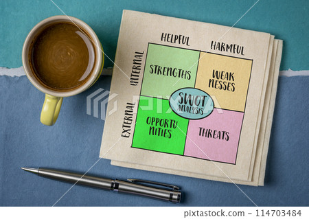 SWOT (strengths, weaknesses, opportunities, threats) analysis, project management concept, diagram sketch on a napkin 114703484