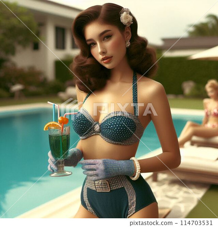 Woman drinking a cocktail by the pool 114703531