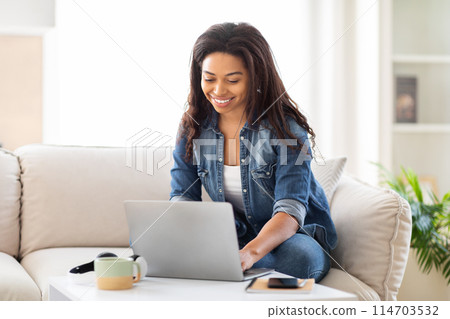 African American woman is seated on a couch, typing on a laptop computer in a living room setting. She appears focused and engaged in her online activities. 114703532