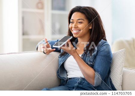 Pretty African American woman is seated on a couch, holding a cell phone in her hand, recording voice message or using virtual assistant 114703705