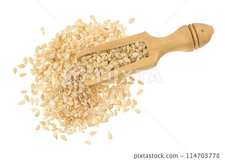 Sesame seeds in wooden scoop isolated on white background. Top view. Flat lay Sesame seeds in wooden scoop isolated on white background. Top view. Flat lay 114703778