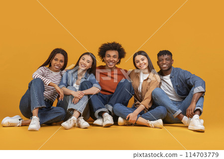 A content multiethnic group of friends sitting together casually on the floor, representing a close-knit international team isolated on an orange background 114703779