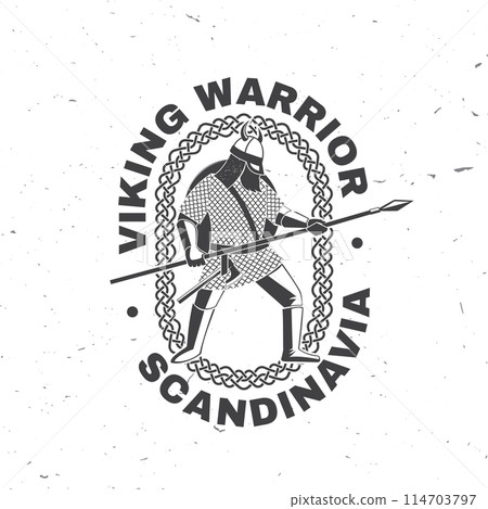 Viking warrior logo, badge, sticker. Vector illustration. For emblems, labels and patch. Monochrome style viking in helmet with spear and round shield 114703797