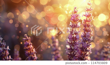 Lavender flowers swaying in the wind during sunset 114703809