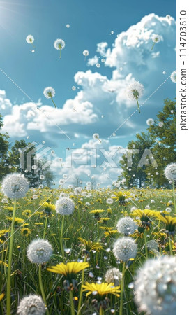 Field Full of Dandelions Under Blue Sky 114703810