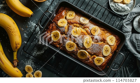 Pan Filled With Bananas on Metal Rack 114703827
