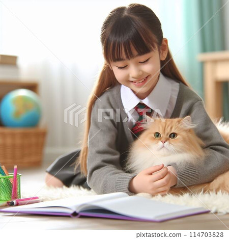 A girl holding a cat 114703828