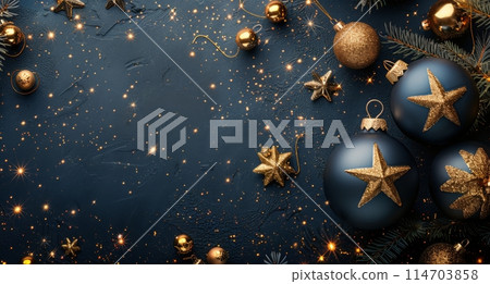 Three Blue Christmas Ornaments Hanging From a String Three Blue Christmas Ornaments Hanging From a String 114703858