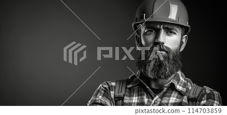 Man Wearing Hard Hat With Beard. 114703859