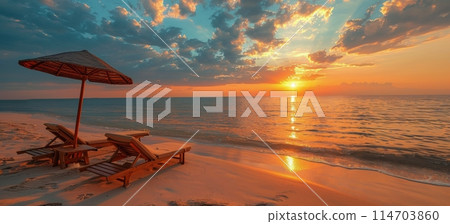 Lawn Chairs on Sandy Beach 114703860