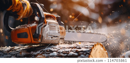 Man in Orange Jacket Holding Chainsaw 114703861