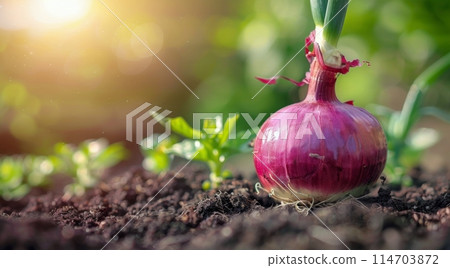 Planting an onion bulb in the soil outdoors 114703872